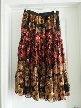Soft Surroundings Petite Small Dark Floral Tiered Skirt Black Red Gold Sz PS